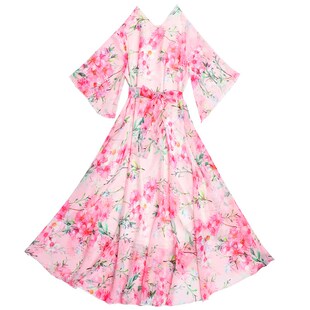 2025新款春季粉色连衣裙女雪纺碎花大码度假沙滩长裙胖mm显瘦裙子