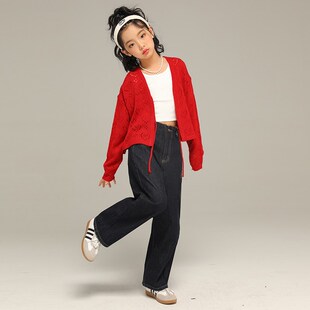 小女森女童春秋宽松牛仔裤儿童深蓝色长裤中大童洋气直筒春季裤子