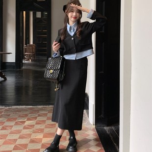 小个子显高套装秋150cm假两件拼接西装外套高腰半身裙两件套xs女