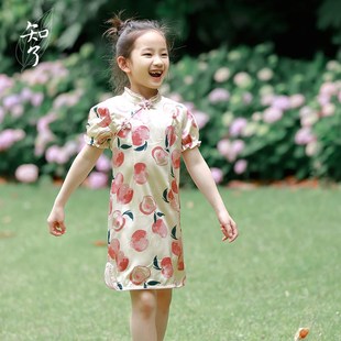 知了童装 夏季女童真丝旗袍短袖唐装儿童中国风连衣裙大童52186