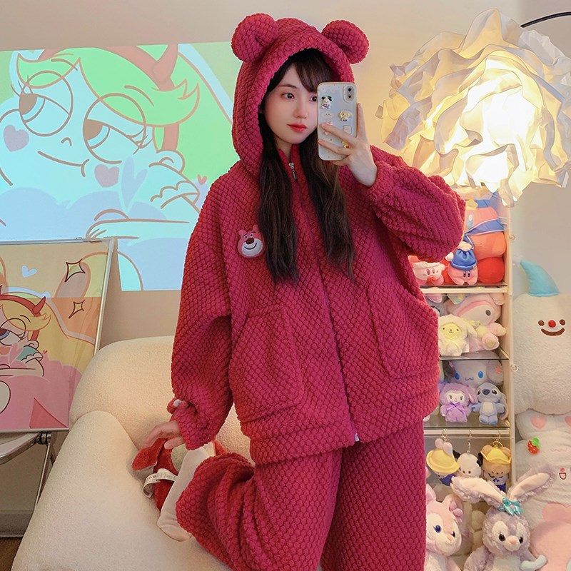 睡衣女秋冬季珊瑚绒2023年新款草莓熊卡通可爱甜美加厚家居服套装