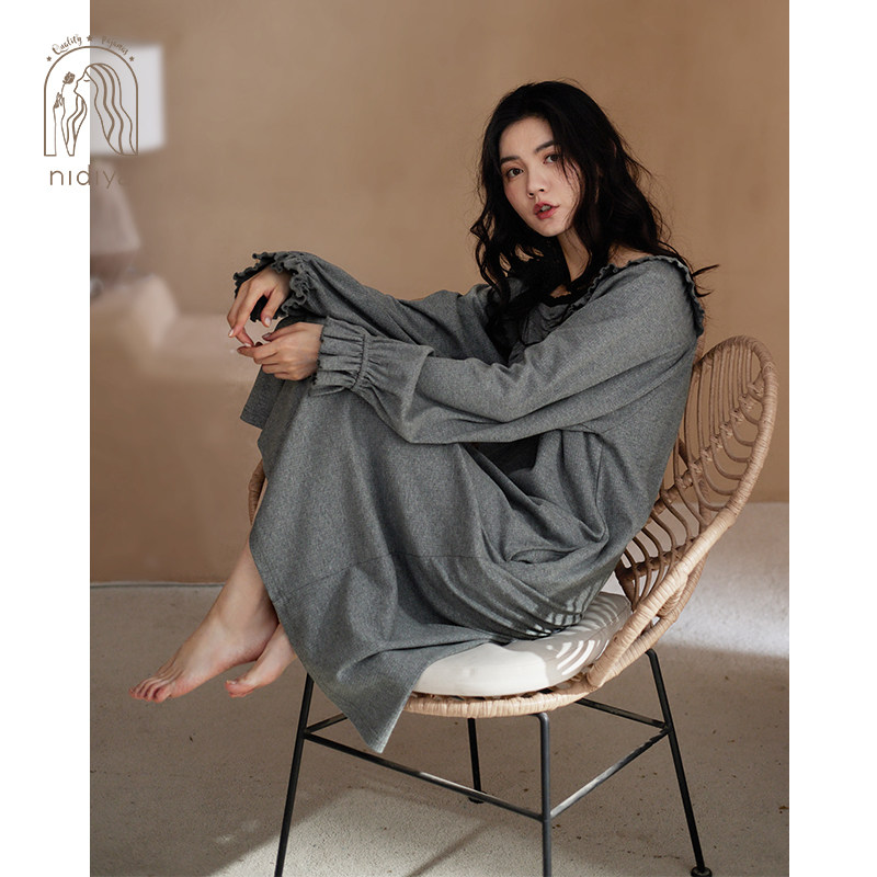 妮狄娅2023睡衣睡裙女春秋纯棉长袖条纹甜美宫廷风时尚宽松中长款