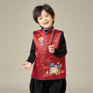 兴业堂古风男童唐装棉马甲儿童红色汉服背心冬中式走秀新年装