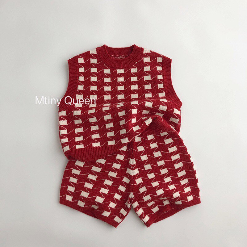 儿童新年服红色套装男女潮宝秋冬针织格子毛衣背心短裤洋气两件套