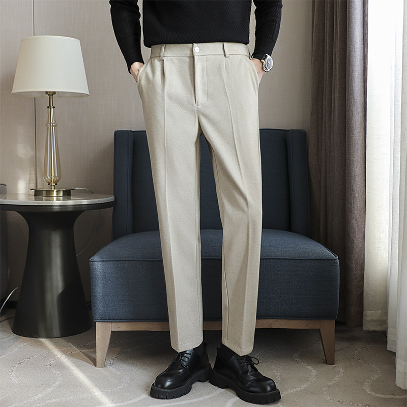 秋冬毛呢休闲裤加厚直筒长裤男士修身九分西裤轻熟风中高腰西装裤