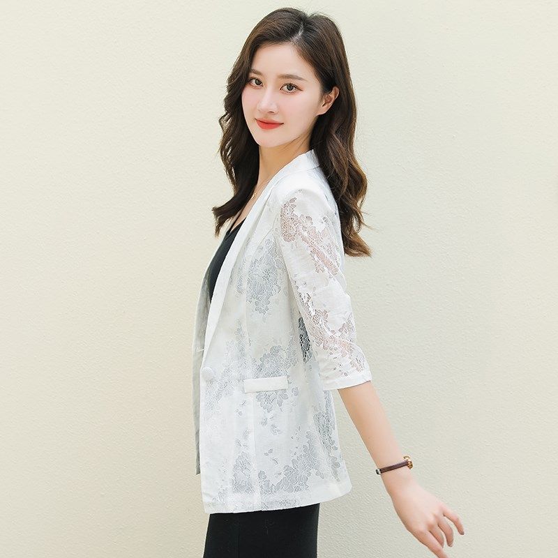 夏季女士蕾丝西装外套新款休闲高级感西服百搭白色开衫洋气七分袖