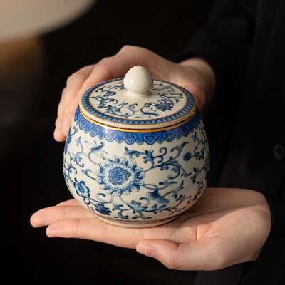 汝窑青花缠枝莲陶瓷茶叶罐家用大容量存储密封罐精品功夫茶具配件