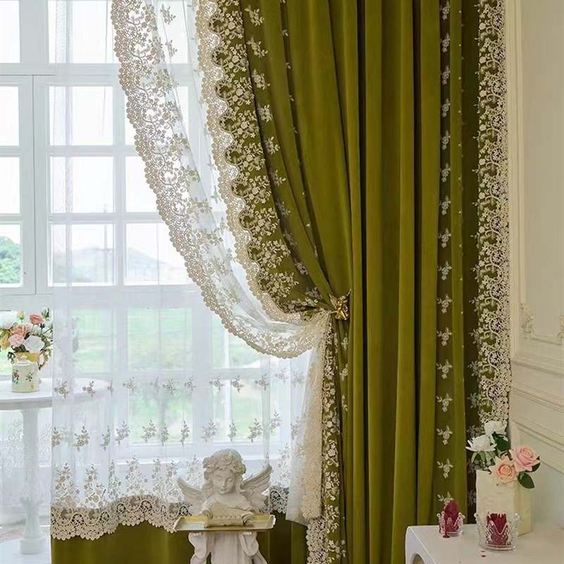 复古轻奢绒布绿色丝绒刺绣法式蕾丝欧式卧室遮光客厅窗帘美式