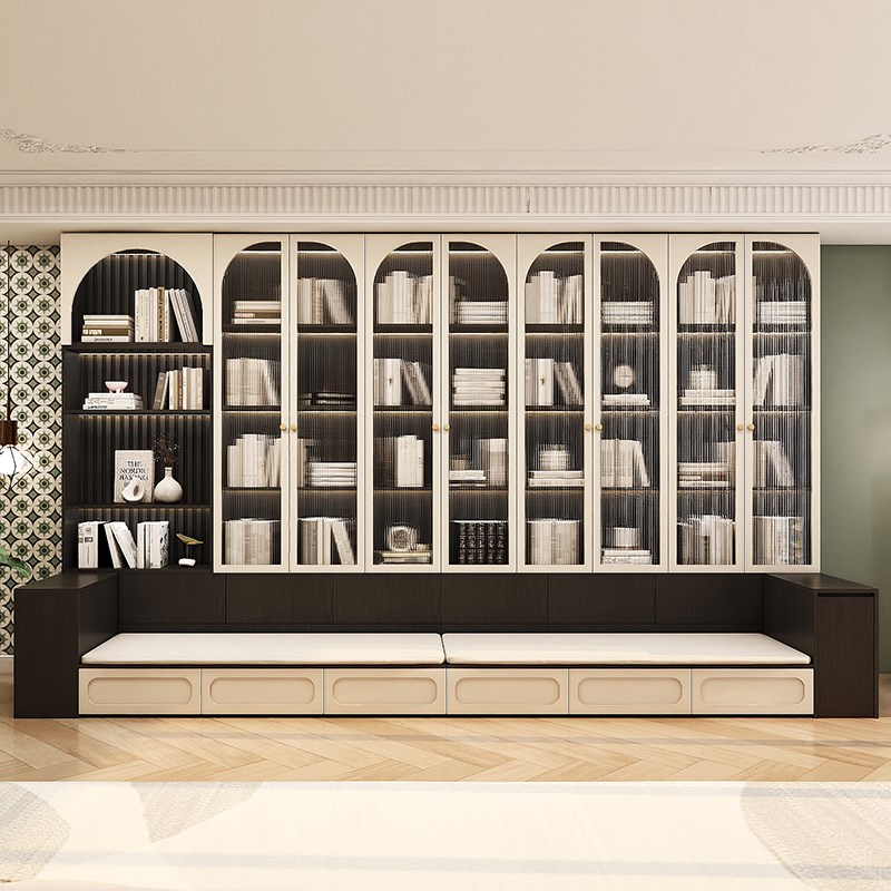去客厅化沙发书柜一体整墙到顶黑胡桃木复古书架背景柜子实木藤编