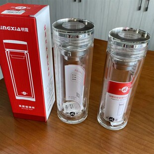 明霞3533双层水晶玻璃泡茶水杯子透明杯盖定制订做印字logo小礼品