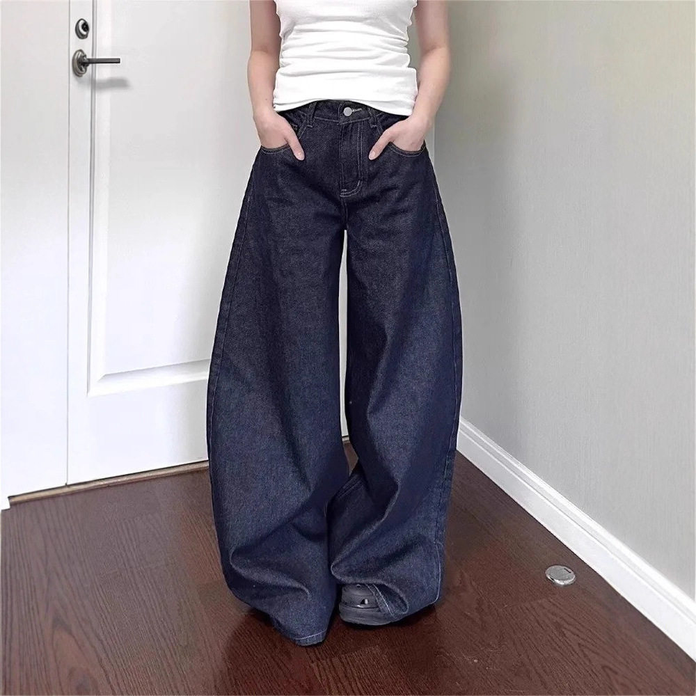 2026冬季新款深色美式阔腿牛仔裤女显瘦慵懒垂坠感宽松直筒裤子潮