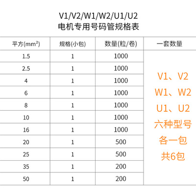 电机专用号码管U1/U2/W1/W2/V1/V2电线套管标识线号管1.5-50平方