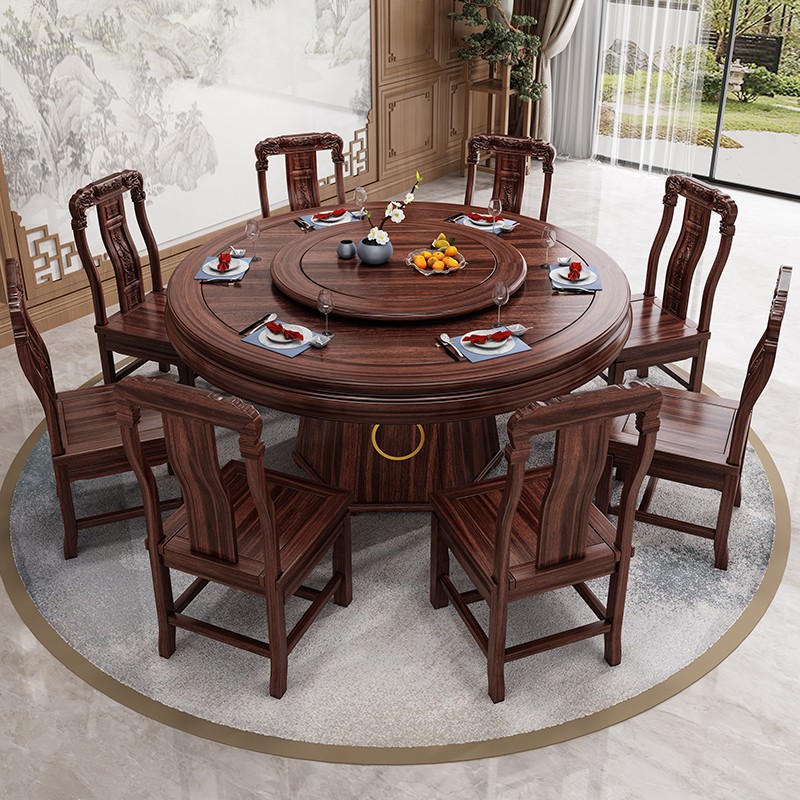 新中式乌金木全实木餐桌椅组合带转盘圆桌家用客厅2025新款饭桌
