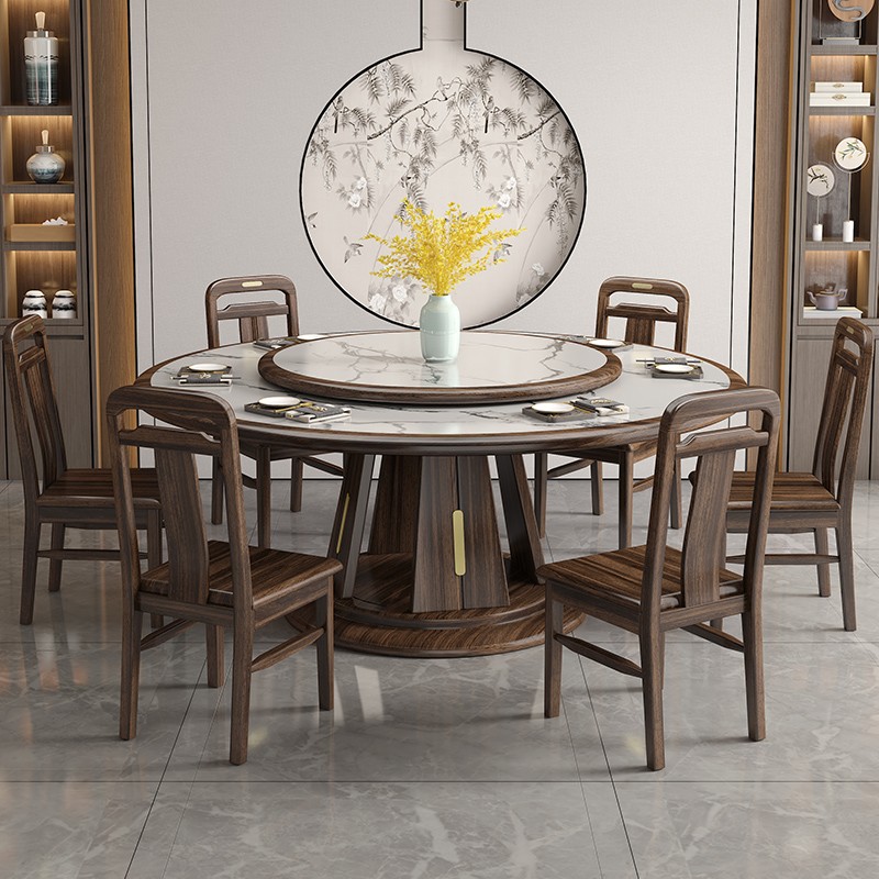 新中式乌金木岩板餐桌椅组合全实木吃饭桌子圆桌家用客厅农村现代
