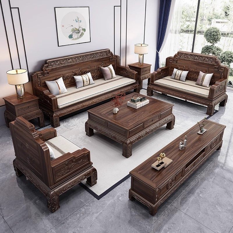 新中式实木沙发客厅家用别墅2026新款高端紫檀木雕花冬夏两用家具