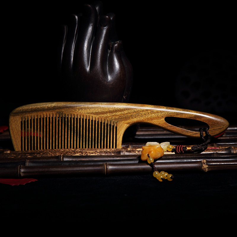 白象天然绿檀木梳子雕花礼物 居家日用适合梳理长发 拼接款带穗子