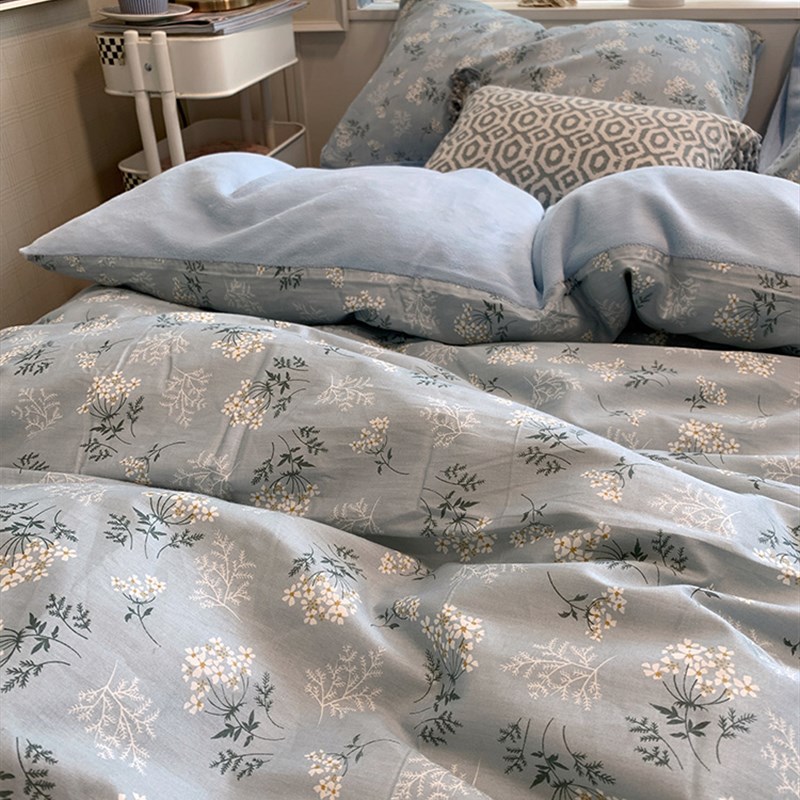 清新田园秋冬保暖A面全棉纯棉B牛奶珊瑚绒被套单件加绒法兰绒被罩