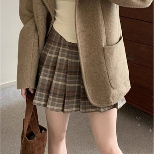 复古咖色格子半身裙秋冬大码毛呢百褶裙遮肚子防走光包臀a字短裙