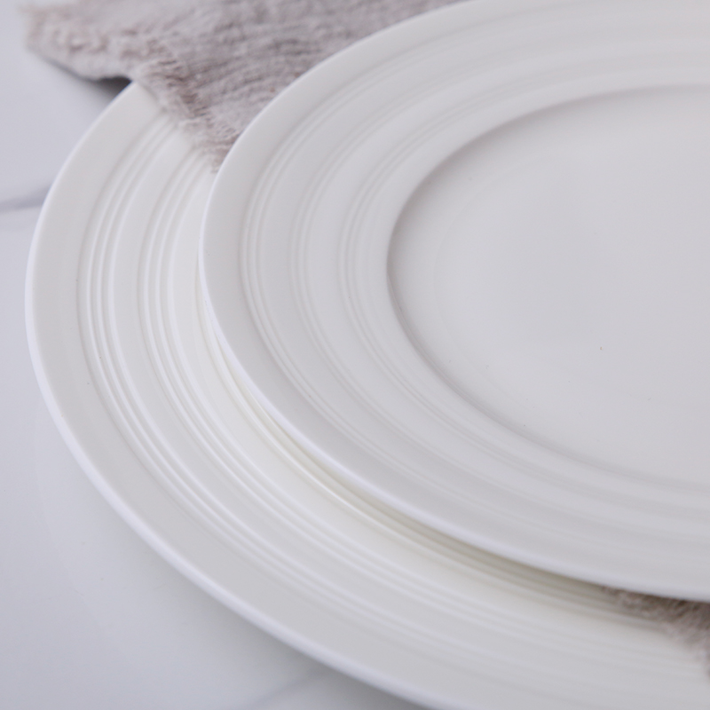 纯白骨瓷西餐盘牛排盘点心盘 家用餐厅圆形线纹平盘浅盘餐具盘子