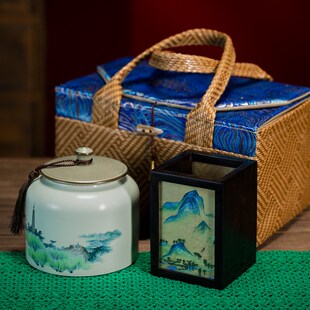 湘传礼纯手工湘绣双面绣笔筒蓝色藤编春节庆典茶礼盒套装