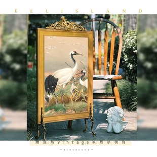 中古实木鎏金天使装饰复古装饰画沙发客厅小众欧式黄铜架屏风摆件