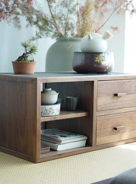 新中式茶边柜乌金石烧水台黑胡桃木炕桌柜榻榻米日式飘窗茶家具