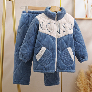 男童珊瑚绒三层夹棉睡衣儿童加绒加厚款大童青少年男孩家居服冬季