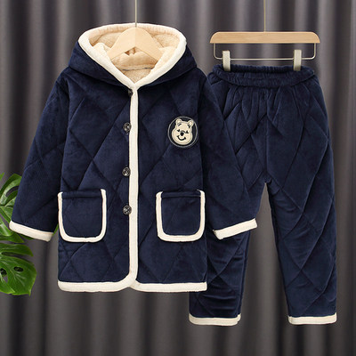 冬季儿童珊瑚绒睡衣三层夹棉加绒加厚中长款男童中大童男孩家居服