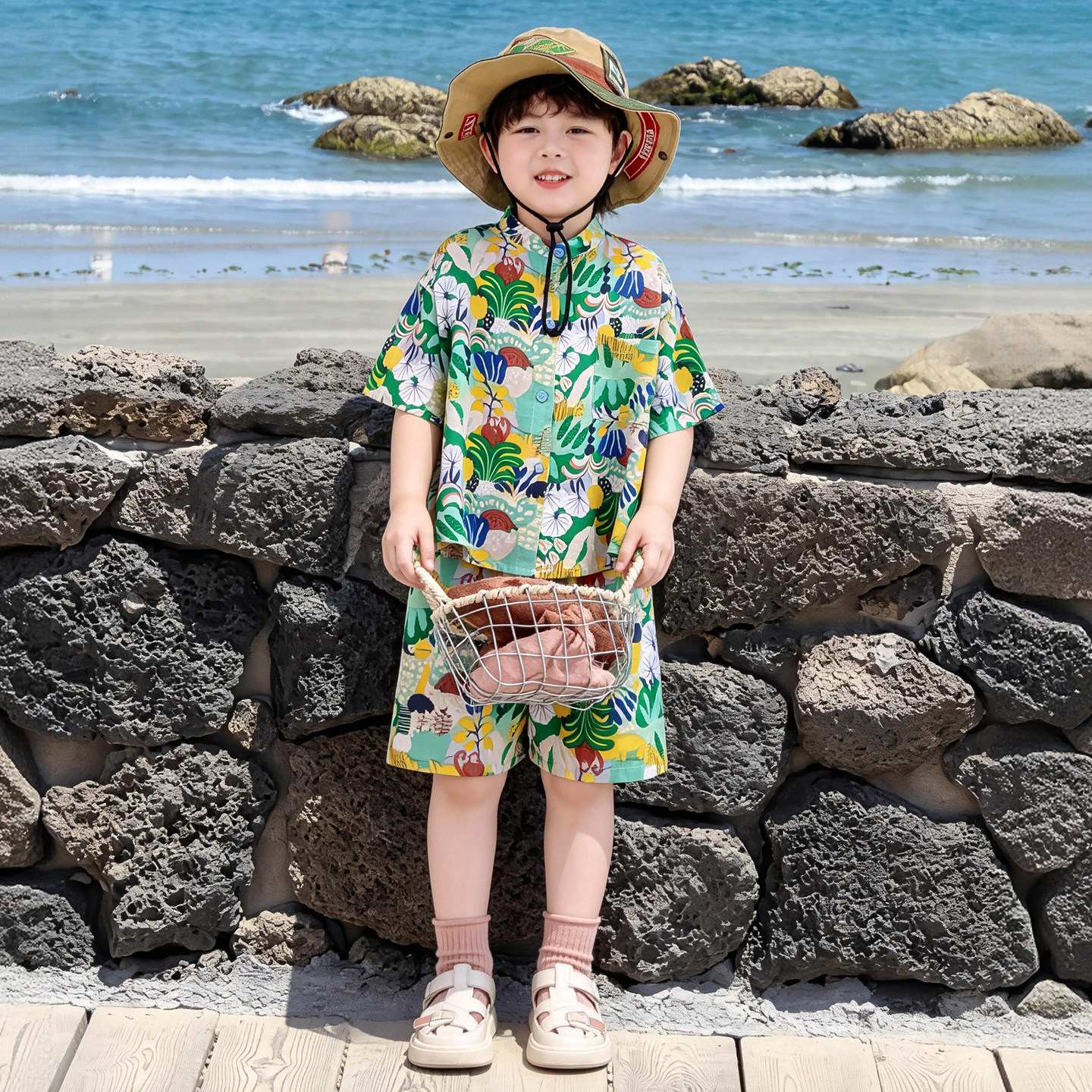 童装儿童竹节棉套装夏男童短袖短裤衬衫小童宝宝夏装海边沙滩衣服