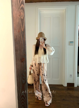 秋梨只 数码定制印花度假风垂感高腰休闲显瘦直筒阔腿凉凉裤女夏