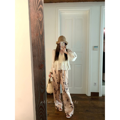 百搭印花阔腿垂感休闲裤女