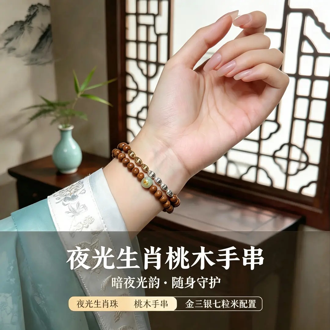 夜光生肖桃木手串双圈木质手链大师推荐十二生肖七粒米男女同款