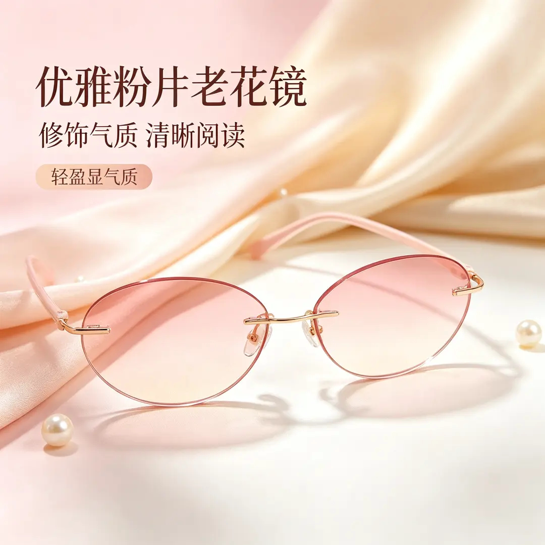 高清美妆老花镜优雅椭圆粉色镜片阅读女士无框粉片老花眼镜显气质