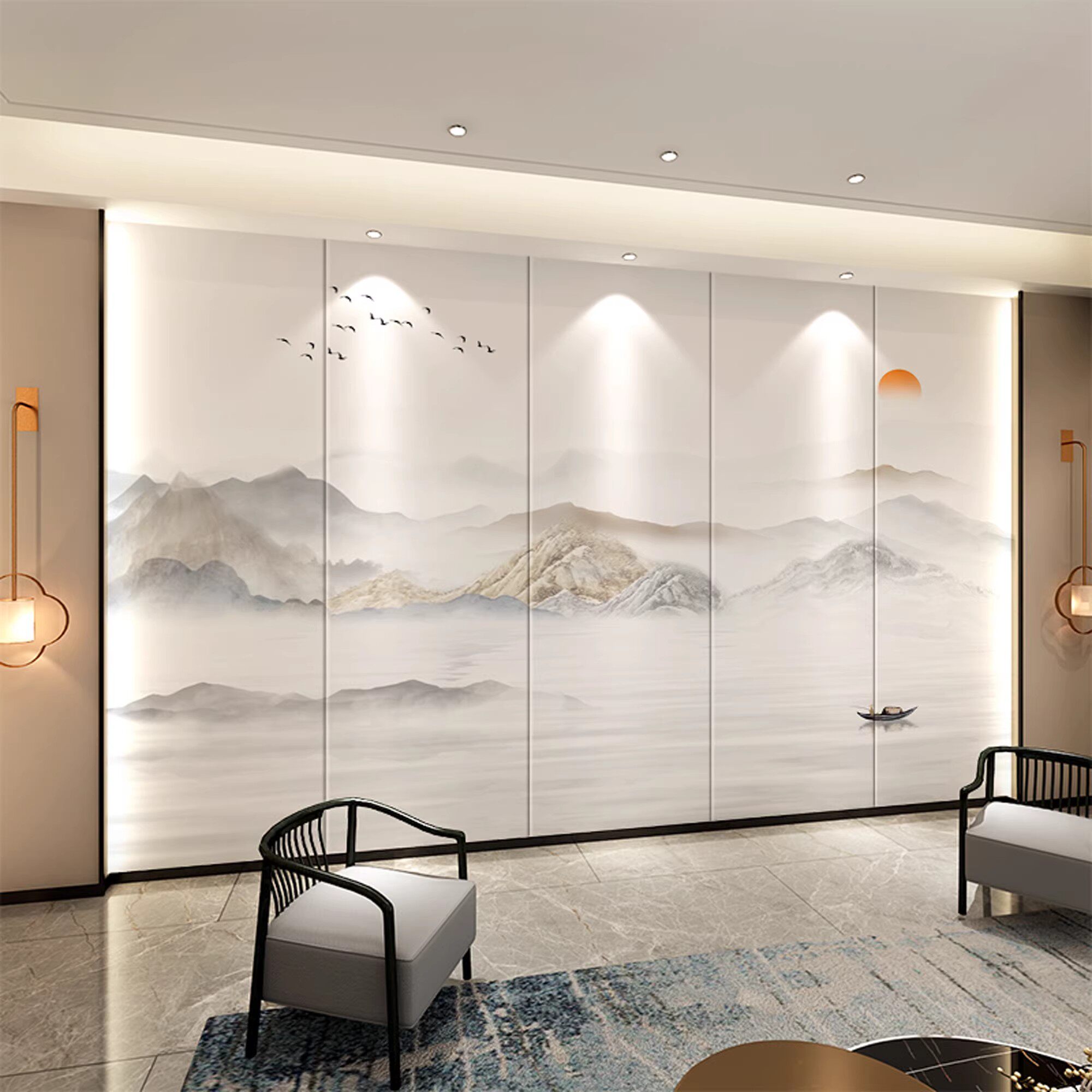 热转印真丝布新中式山水水墨画电视背景墙硬包墙布护墙板碳晶板