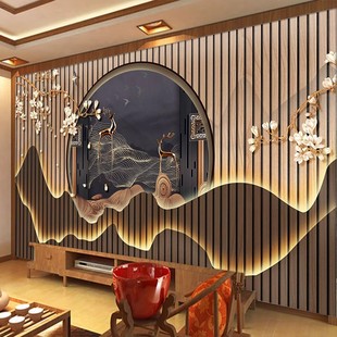 5d立体新中式 饰墙纸 背景墙壁纸山水卧室客厅壁画茶室直播间酒店装