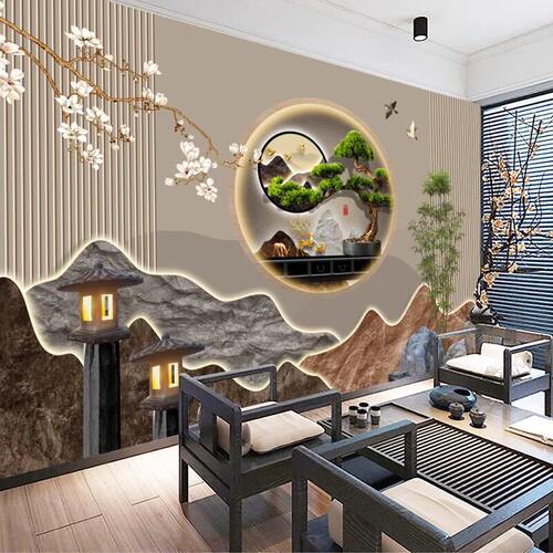 新中式山水迎客松自粘壁画定制