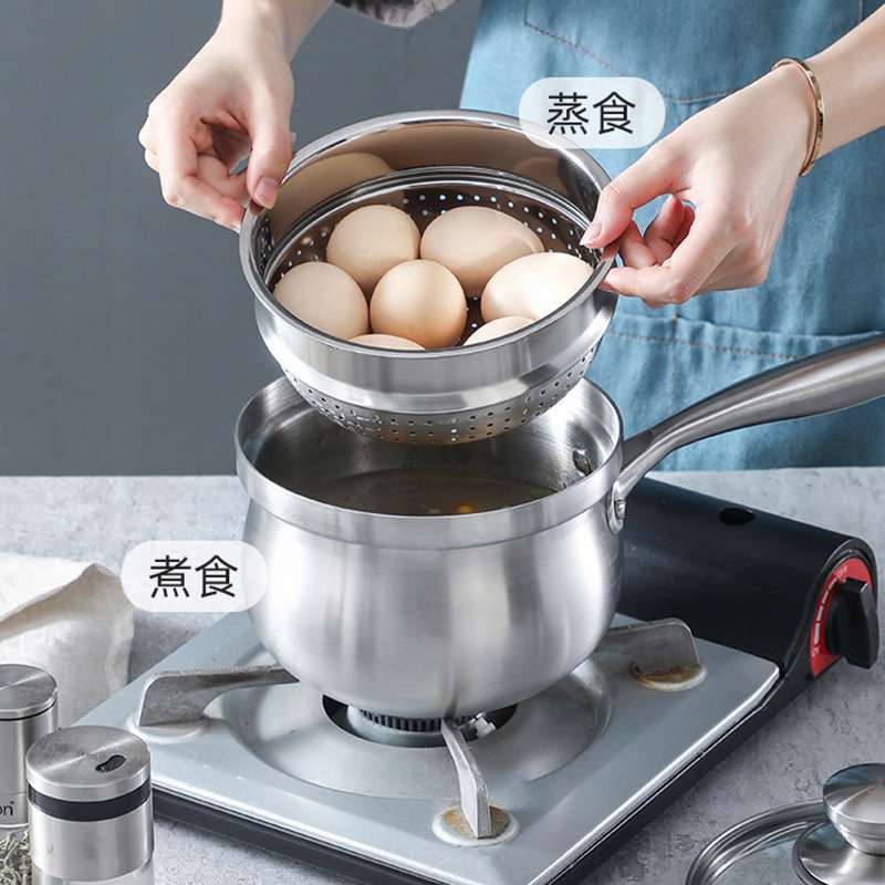 304不锈钢加厚奶锅家用单柄带屉汤锅婴儿辅食锅无涂层蒸奶锅
