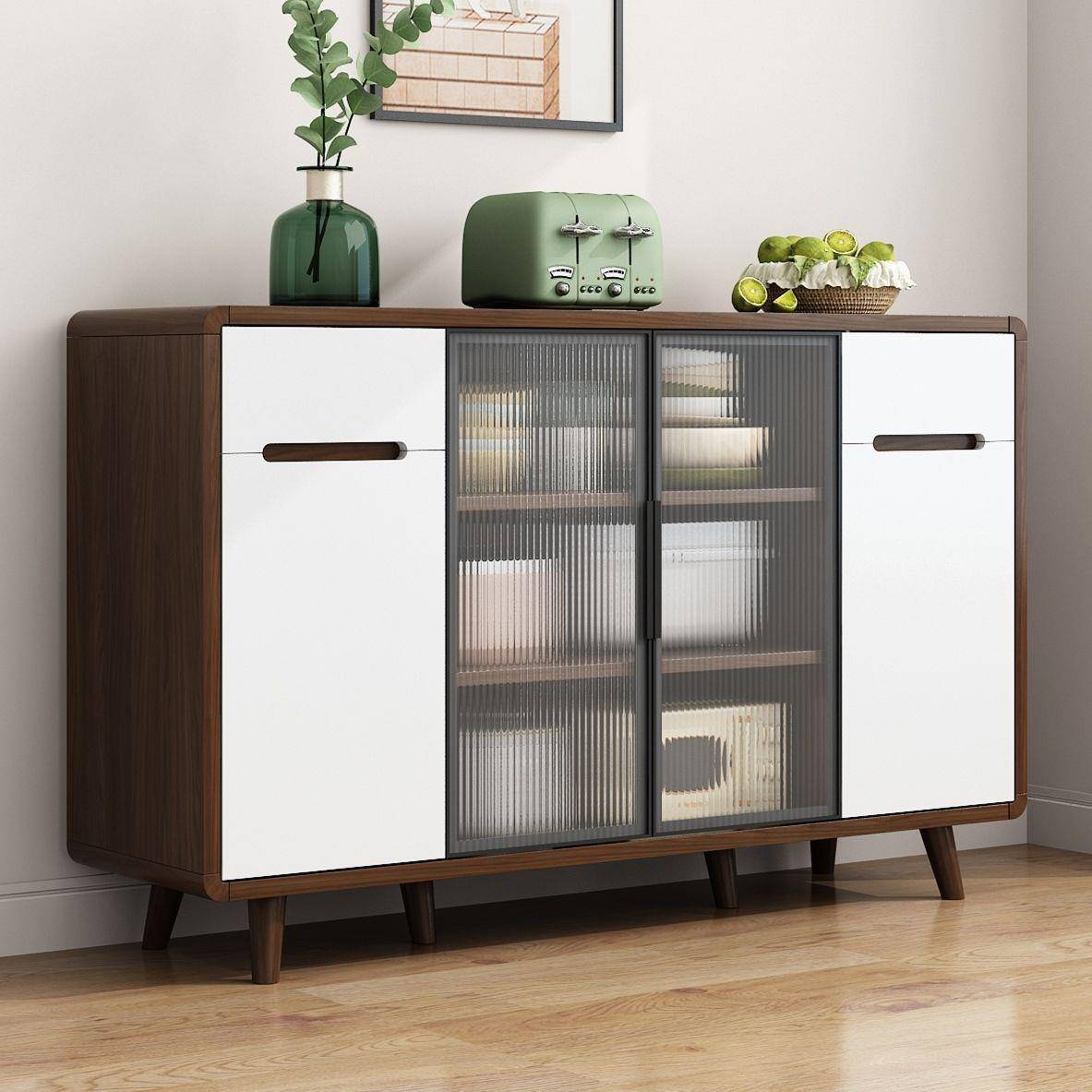 实木框餐边柜茶水柜厨房橱柜储物收纳柜靠墙落地置物柜胡桃色