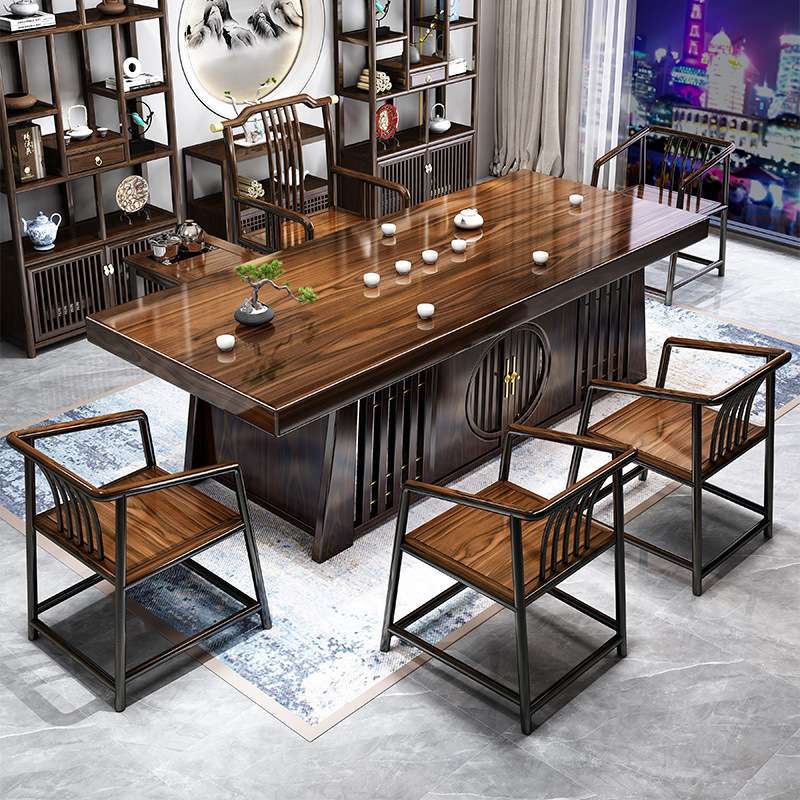 新中式实木大板茶桌椅组合一桌五椅家用茶几办公室功夫泡茶台一体