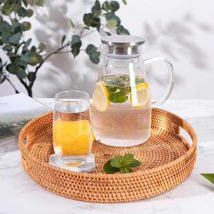 直销藤编圆形托盘茶具收纳盘果盘零食桌面装 新款 饰整理筐家用茶盘