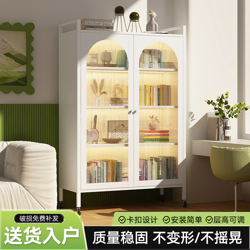 钢制书柜家用对开 门防尘书架带轮移动收纳柜展示柜铁艺置物收纳
