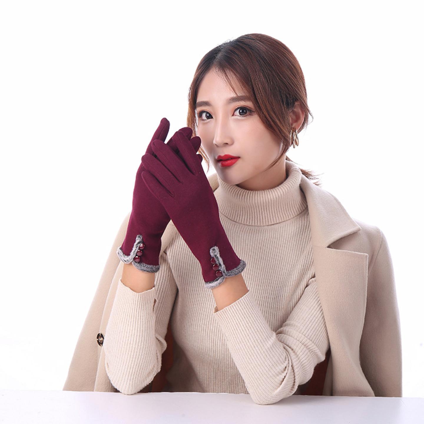 女士毛口三扣秋冬手套不倒绒棉