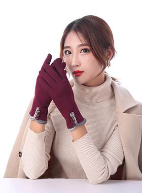 女士毛口三扣秋冬手套不倒绒棉