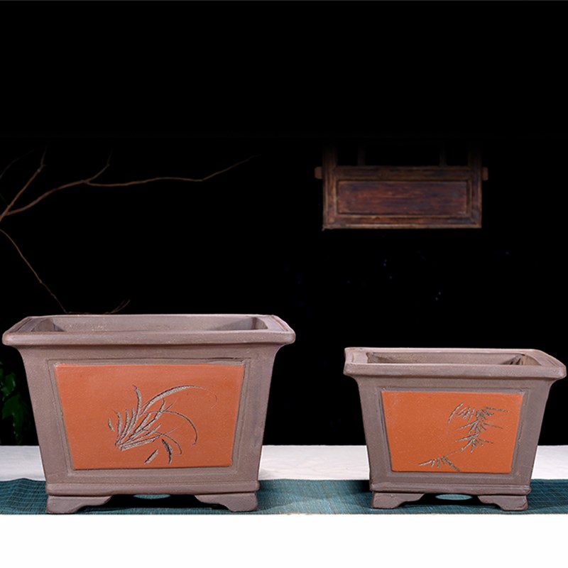 宜兴大号紫砂花盆六方四方盆景花盆种树客厅阳台中式陶瓷特价