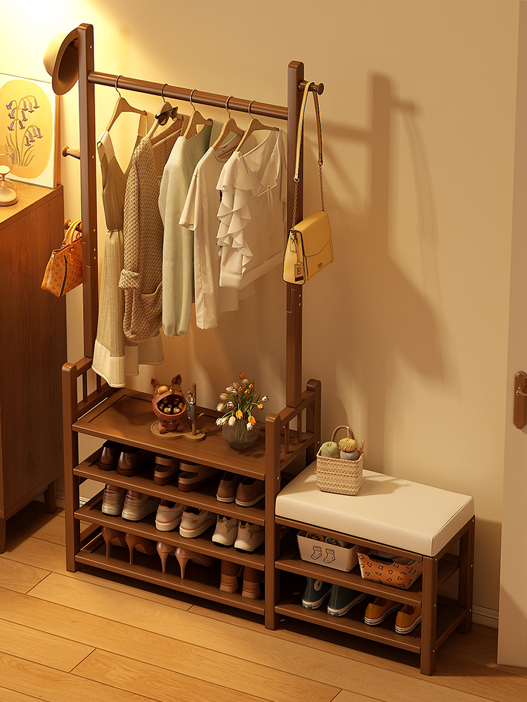 实木衣帽架换鞋凳一体家用门口入户中古可坐鞋柜轻奢高级感挂衣架
