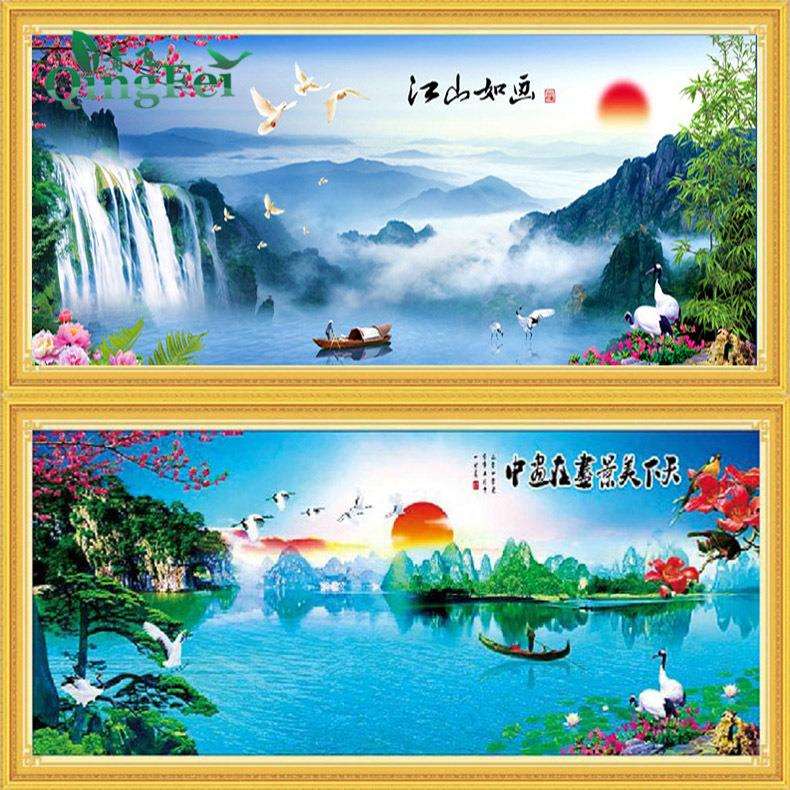 青飞精准印布天下美景尽在画中江山如画聚宝盆十字绣江南山河风景