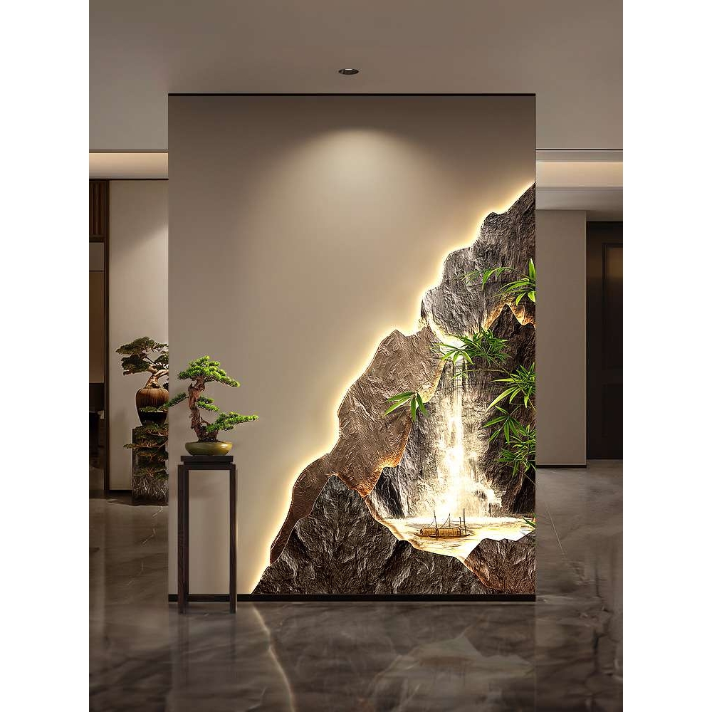 流水生财玄关转角装饰画聚宝盆走廊拐角墙面挂画竹子入户带灯壁画