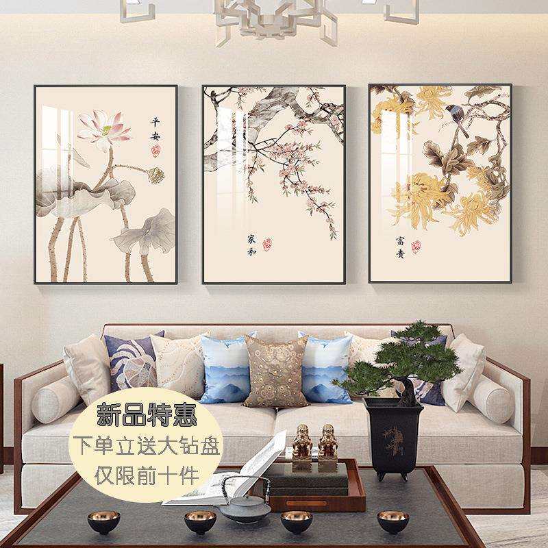 带框的十字绣2023新款绣客厅钻石画中国风满钻三联画荷花珠绣餐厅