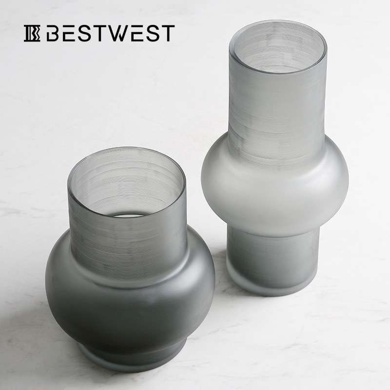博西家居 中古风烟灰色磨砂玻璃花瓶水培花器家居高档软装摆件