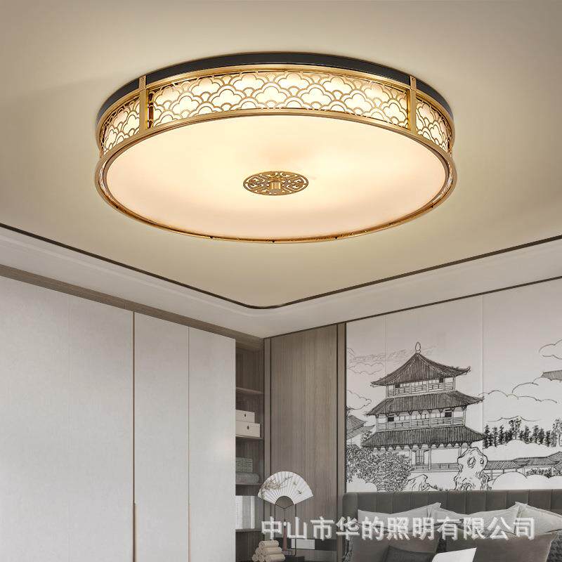 新中式全铜吸顶灯圆形卧室灯中国风餐厅led灯具古典书房茶室铜灯
